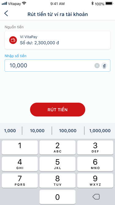 Choose withdraw method “To linked bank” and input withdraw amount (minimum is 10.000 VND)