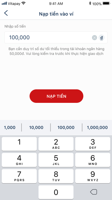 Choose money source and input amount (minimum is 10.000 VND)